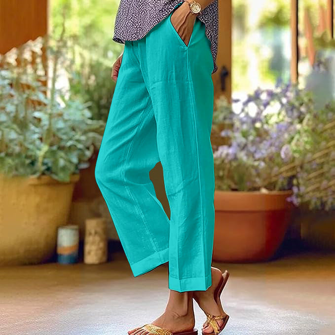 Linen Pants Women Summer Elastic Waist Straight Leg Plus Size Crop Pants Casual Beach Trousers with Pockets - Seldom Seen Styles