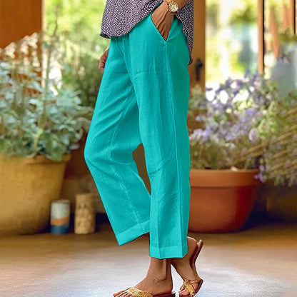 Leinenhose Damen Sommer Elastische Taille Gerades Bein Übergröße Crop Pants Lässige Strandhose mit Taschen