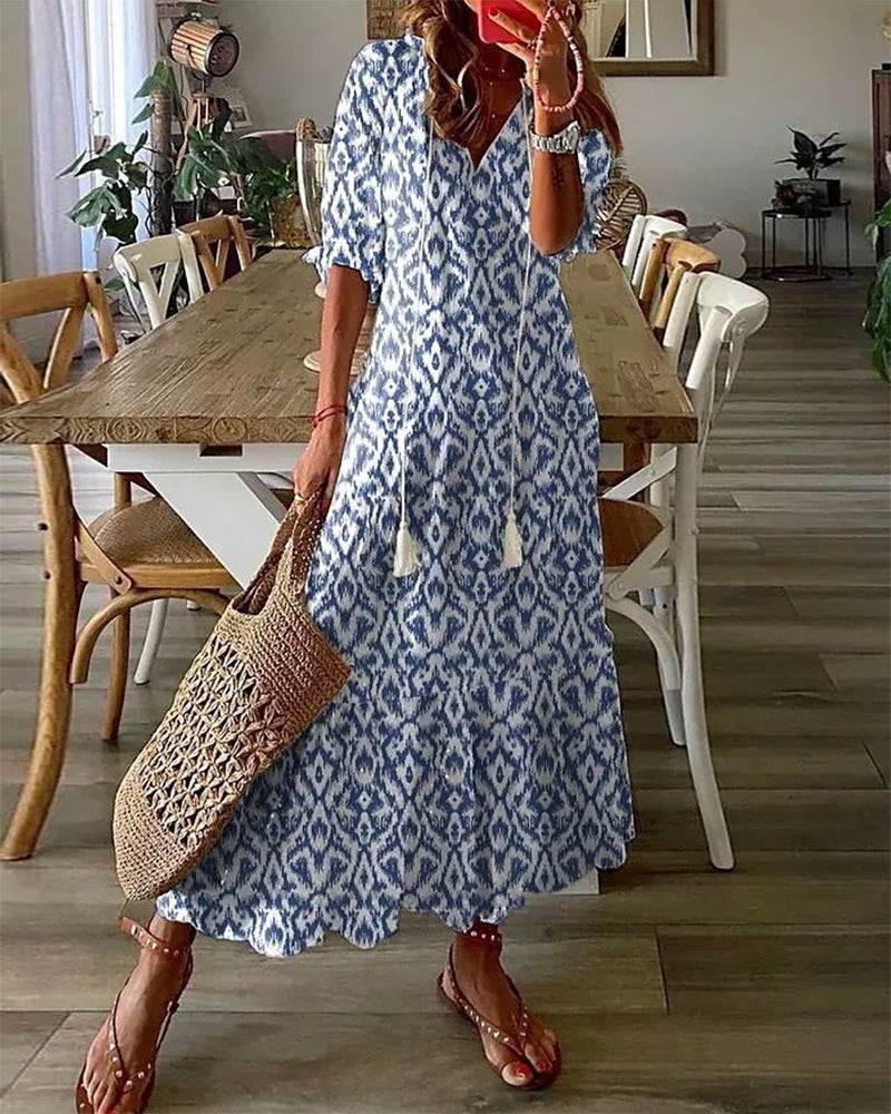Women's Flowy A-Line Geometric Print Lantern Sleeves Summer Dresses