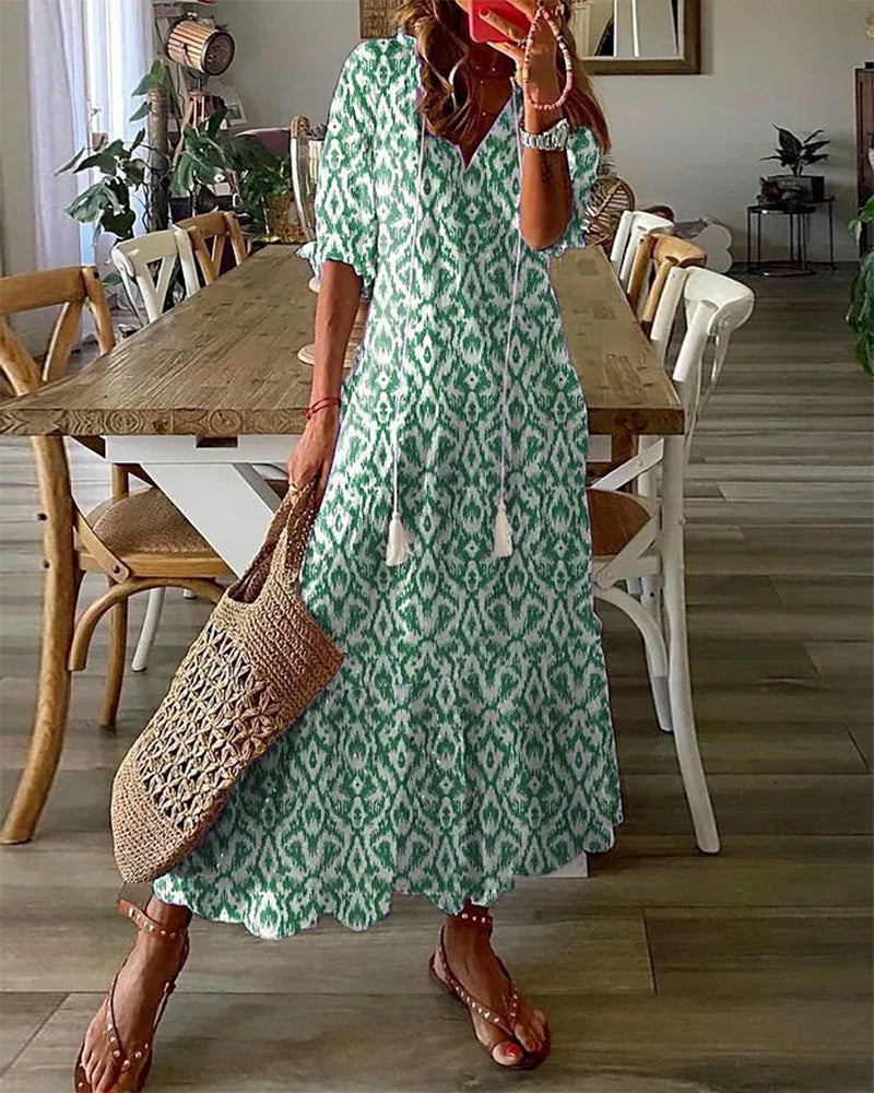 Women's Flowy A-Line Geometric Print Lantern Sleeves Summer Dresses