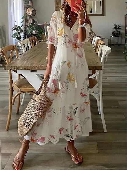 Women's Flowy A-Line Geometric Print Lantern Sleeves Summer Dresses