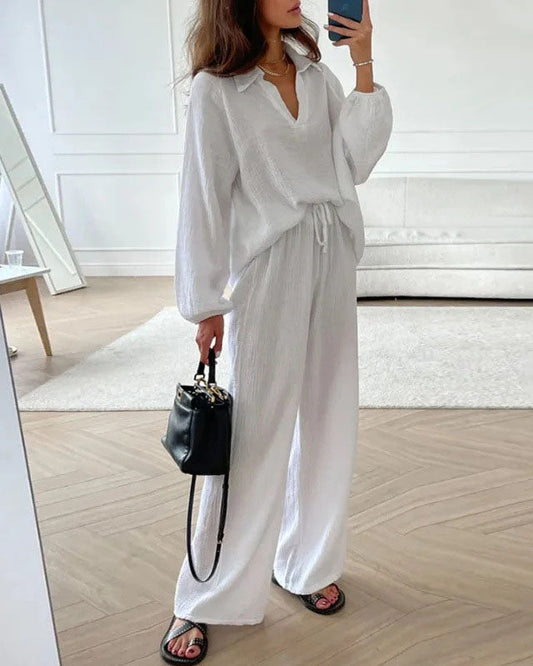 Long Sleeve Lapel Top Drawstring Pants Two-Piece Set - Seldom Seen Styles