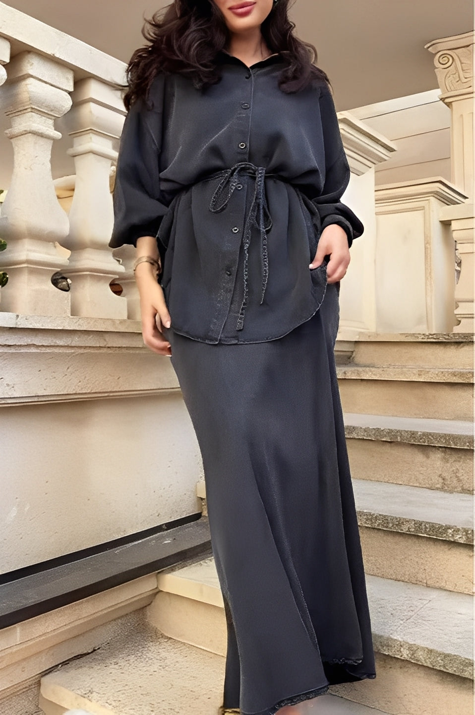 Long-sleeved Tie-Drawstring Shirt and Skirt Set - Seldom Seen Styles