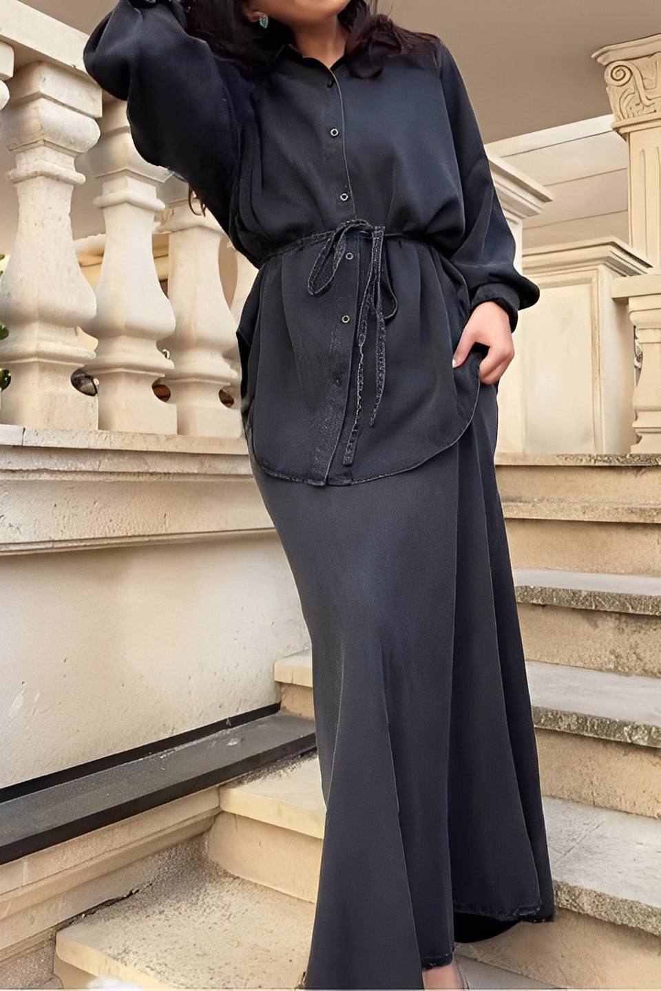 Long-sleeved Tie-Drawstring Shirt and Skirt Set - Seldom Seen Styles