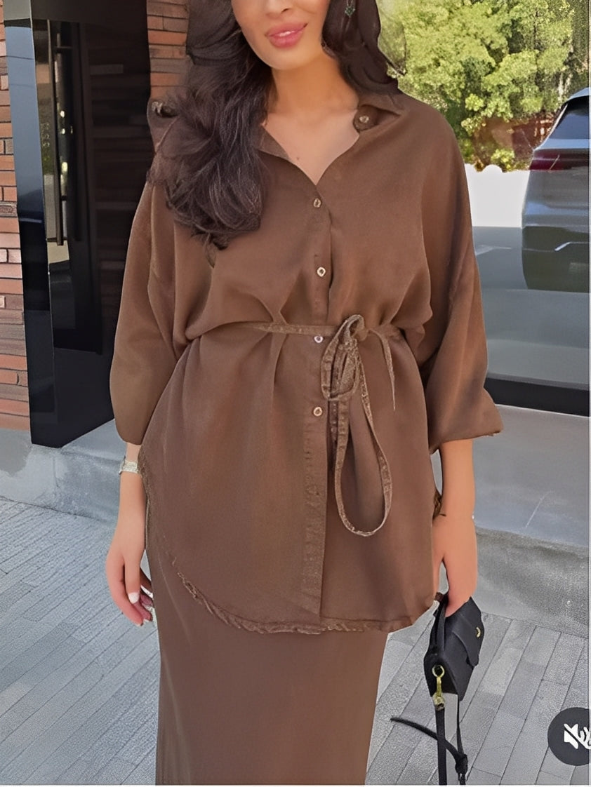 Long-sleeved Tie-Drawstring Shirt and Skirt Set - Seldom Seen Styles