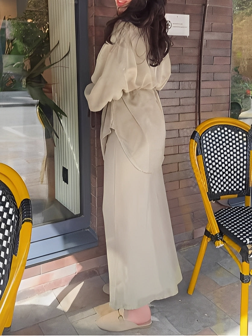 Long-sleeved Tie-Drawstring Shirt and Skirt Set - Seldom Seen Styles