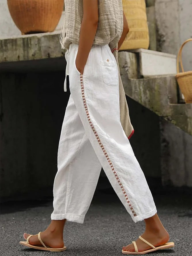 Loose Casual Hollow Out Lace Pockets Drawstring Waist Plain Linen Pants - Seldom Seen Styles
