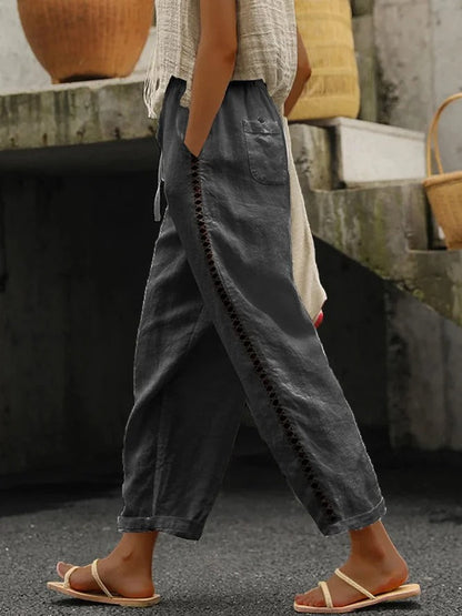 Lockere lässige Hose aus Leinen mit Hohlschnitten, Spitze, Taschen und Kordelzug in der Taille