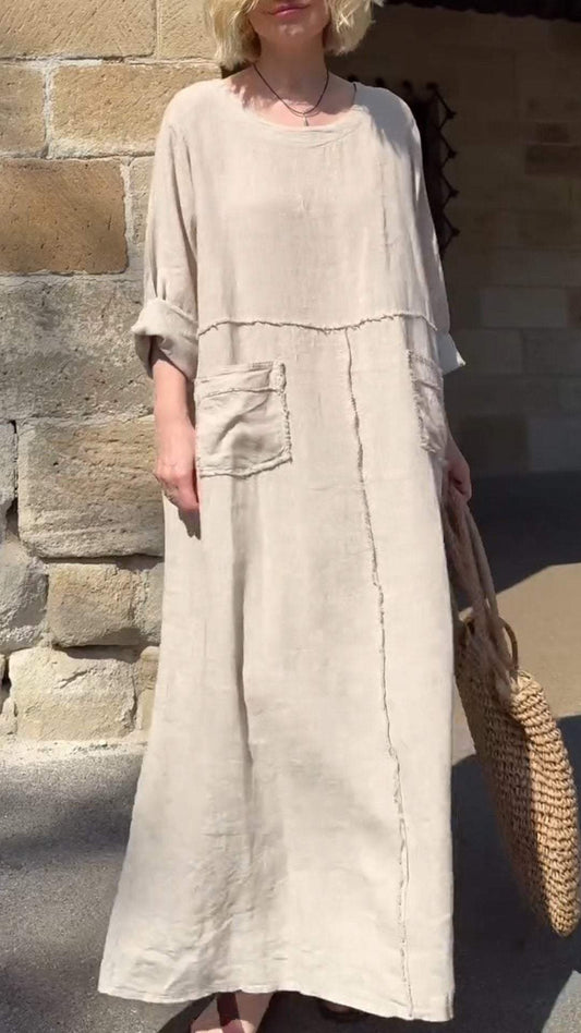 Loose Cotton Linen Maxi Dress – Casual Round Neck Long Sleeve Dress for Women - Seldom Seen Styles