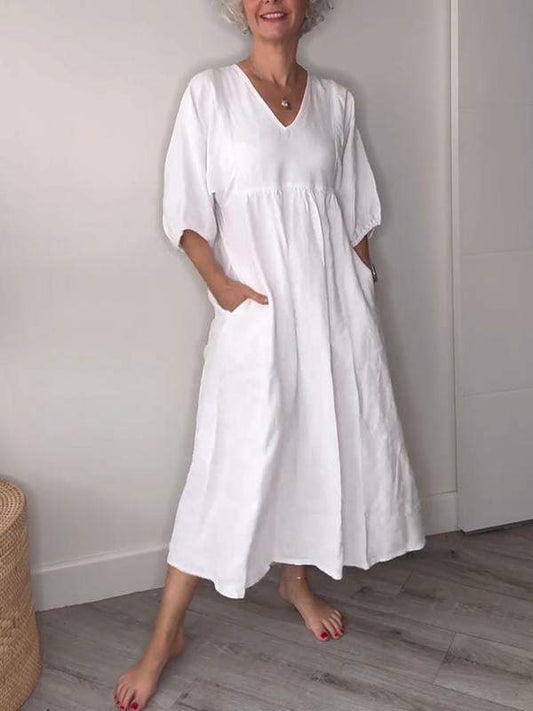 Loose Cotton Linen Maxi Dress – Casual V-Neck Mid Sleeve Dress with Pockets - Seldom Seen Styles