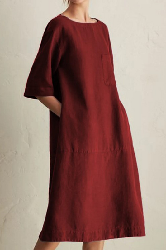 Loose Cotton Linen Midi Dress – Casual Short Sleeve Round Neck Dress with Pockets - Seldom Seen Styles