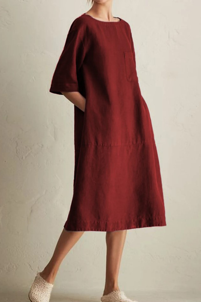 Loose Cotton Linen Midi Dress – Casual Short Sleeve Round Neck Dress with Pockets - Seldom Seen Styles