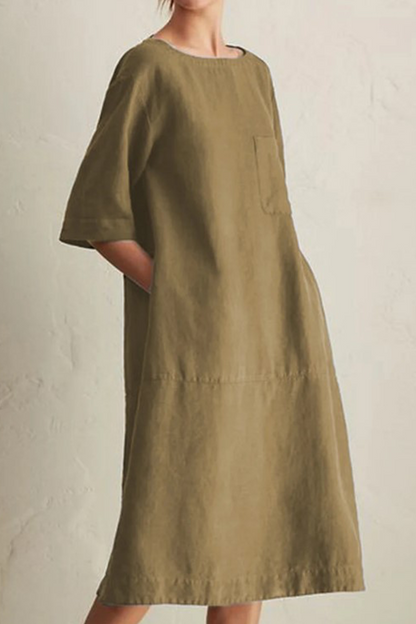 Loose Cotton Linen Midi Dress – Casual Short Sleeve Round Neck Dress with Pockets