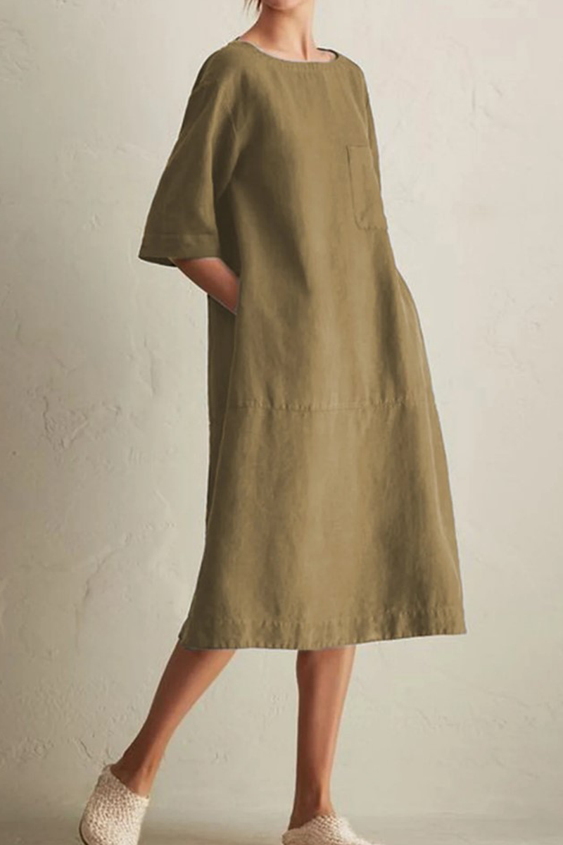 Loose Cotton Linen Midi Dress – Casual Short Sleeve Round Neck Dress with Pockets - Seldom Seen Styles