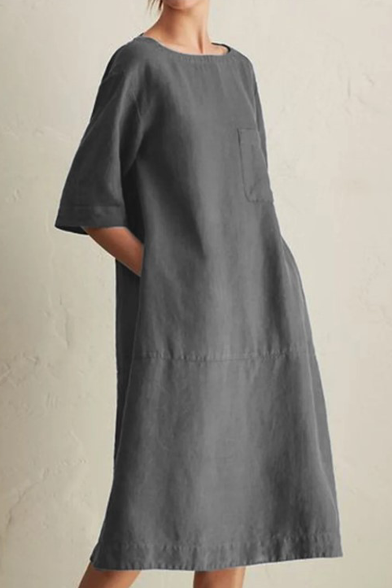 Loose Cotton Linen Midi Dress – Casual Short Sleeve Round Neck Dress with Pockets - Seldom Seen Styles