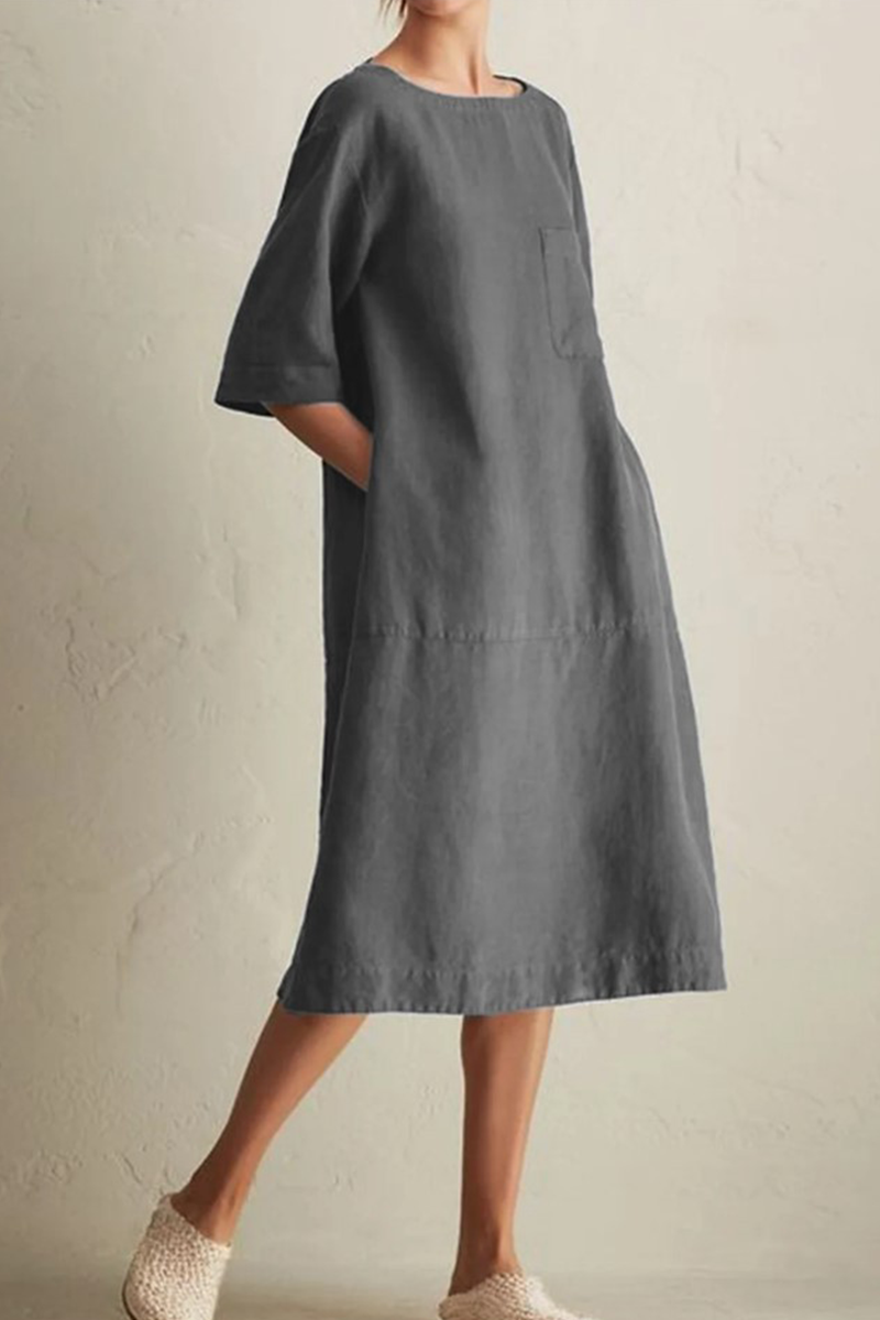 Loose Cotton Linen Midi Dress – Casual Short Sleeve Round Neck Dress with Pockets - Seldom Seen Styles