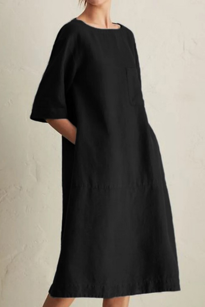Loose Cotton Linen Midi Dress – Casual Short Sleeve Round Neck Dress with Pockets
