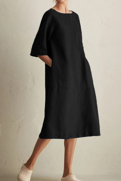 Loose Cotton Linen Midi Dress – Casual Short Sleeve Round Neck Dress with Pockets