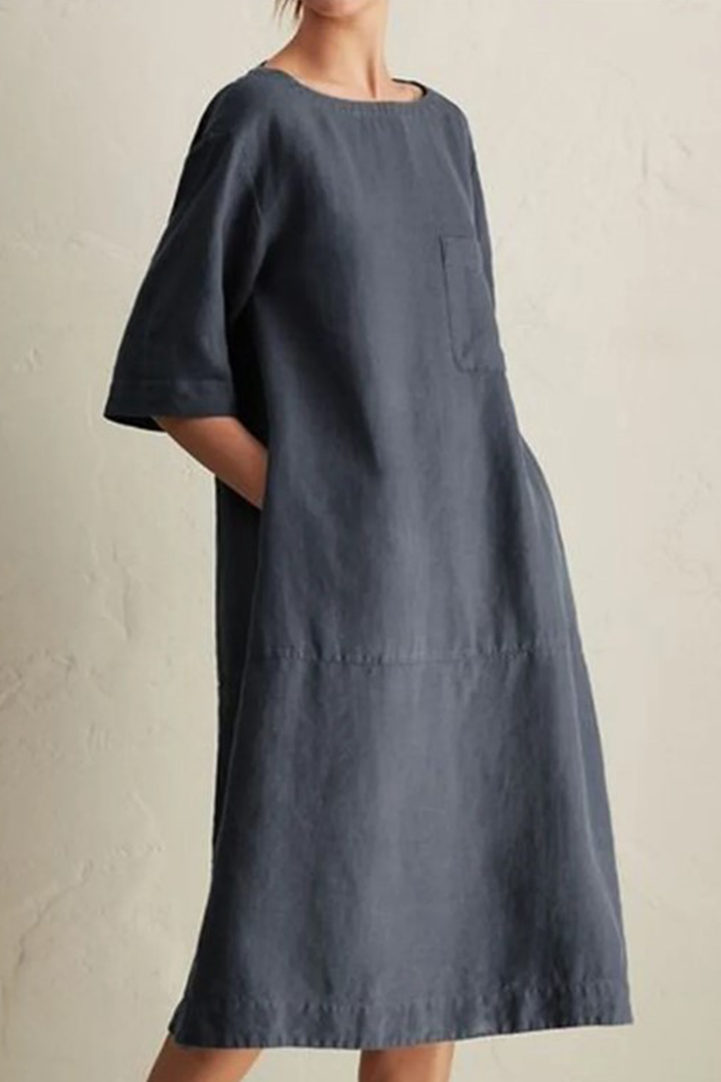 Loose Cotton Linen Midi Dress – Casual Short Sleeve Round Neck Dress with Pockets - Seldom Seen Styles