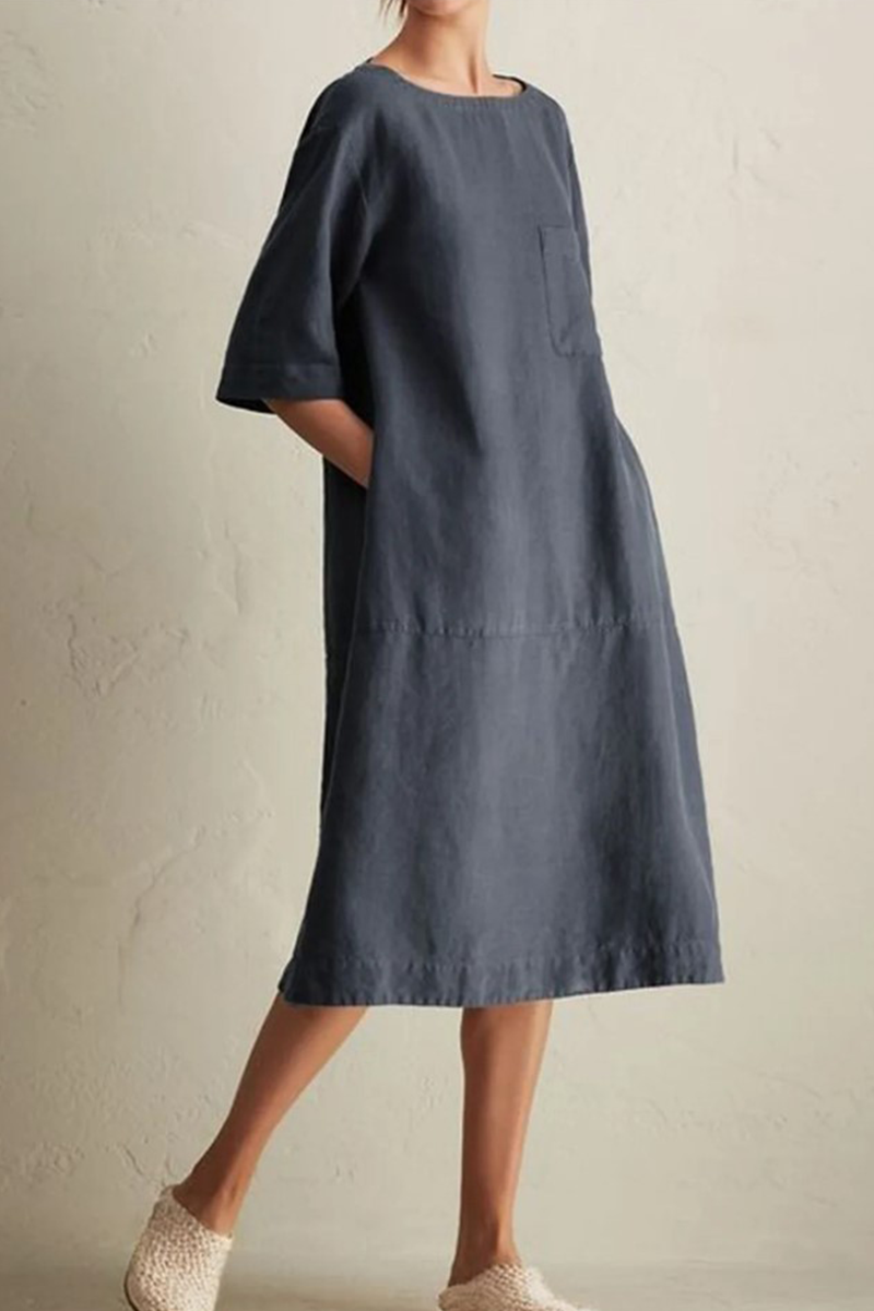 Loose Cotton Linen Midi Dress – Casual Short Sleeve Round Neck Dress with Pockets - Seldom Seen Styles