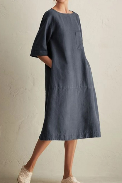 Loose Cotton Linen Midi Dress – Casual Short Sleeve Round Neck Dress with Pockets