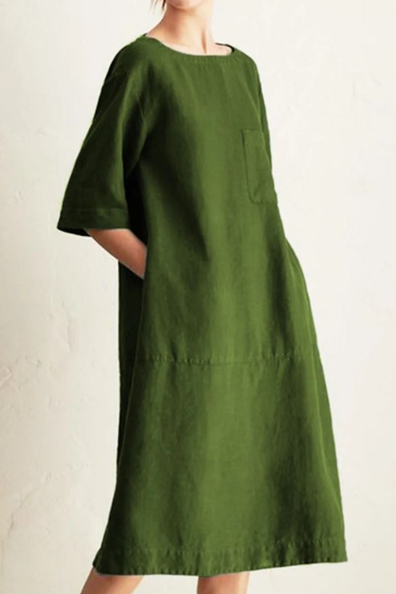 Loose Cotton Linen Midi Dress – Casual Short Sleeve Round Neck Dress with Pockets - Seldom Seen Styles