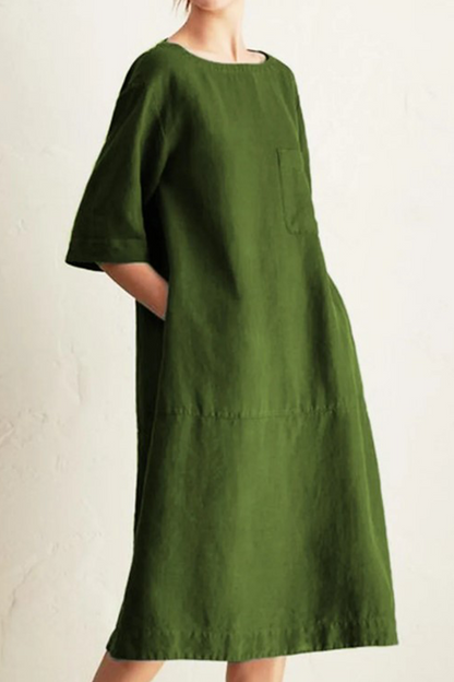 Loose Cotton Linen Midi Dress – Casual Short Sleeve Round Neck Dress with Pockets
