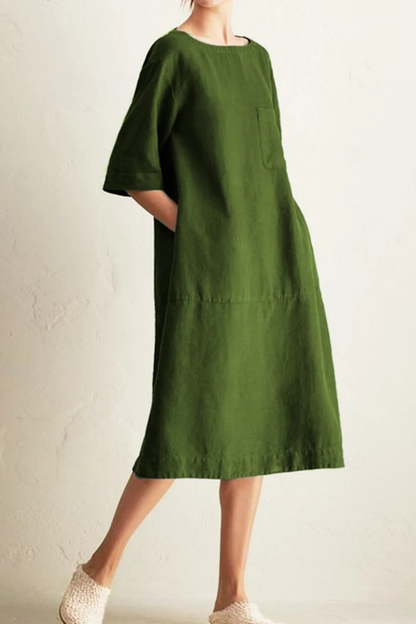 Loose Cotton Linen Midi Dress – Casual Short Sleeve Round Neck Dress with Pockets