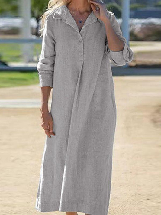 Loose Cotton Linen Shirt Dress – Casual Long Sleeve Button Down Maxi Dress - Seldom Seen Styles