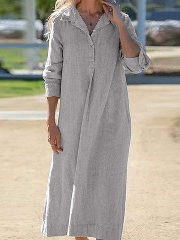 Loose Cotton Linen Shirt Dress – Casual Long Sleeve Button Down Maxi Dress - Seldom Seen Styles