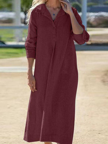 Lockeres Hemdblusenkleid aus Baumwoll-Leinen – Lässiges Maxikleid mit langen Ärmeln und Knopfleiste