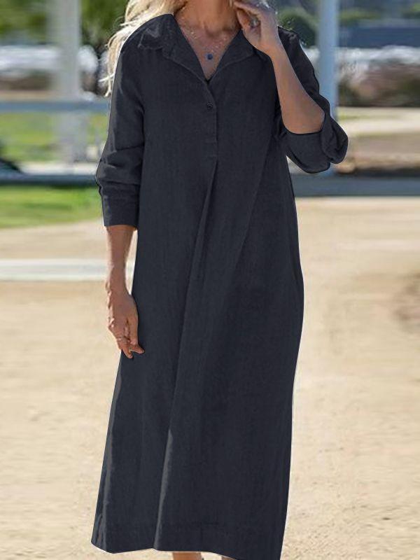 Loose Cotton Linen Shirt Dress – Casual Long Sleeve Button Down Maxi Dress - Seldom Seen Styles