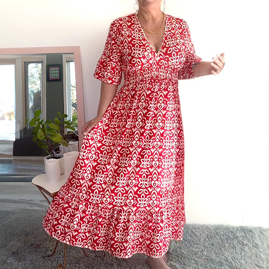 Loose Fit Cotton Linen Boho Dress Comfortable Mid Sleeve V Neck Everyday Midi - Seldom Seen Styles