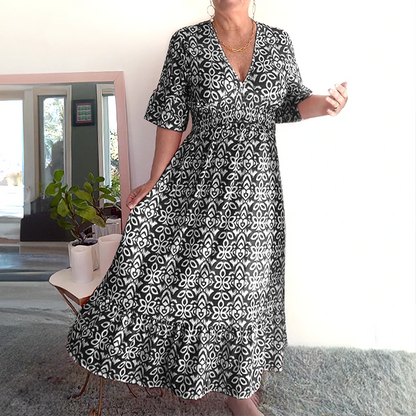 Locker geschnittenes Baumwoll-Leinen-Boho-Kleid Bequemes Mid-Ärmel V-Ausschnitt Alltags-Midi
