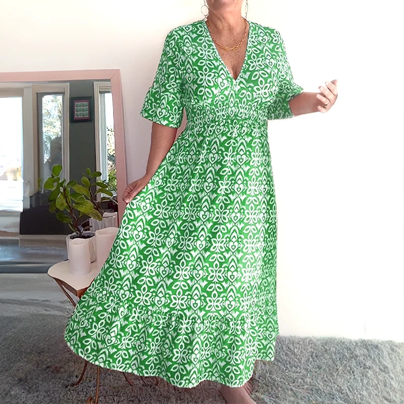 Loose Fit Cotton Linen Boho Dress Comfortable Mid Sleeve V Neck Everyday Midi - Seldom Seen Styles