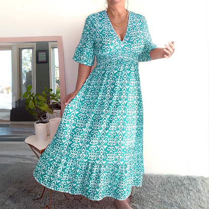 Locker geschnittenes Baumwoll-Leinen-Boho-Kleid Bequemes Mid-Ärmel V-Ausschnitt Alltags-Midi