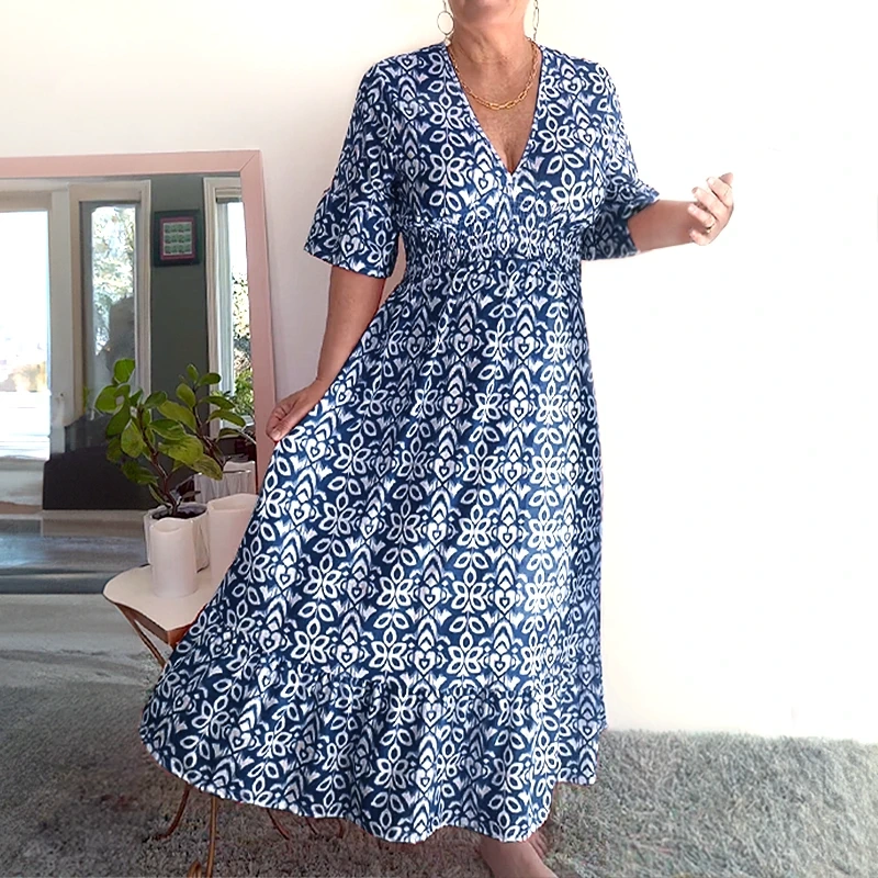 Loose Fit Cotton Linen Boho Dress Comfortable Mid Sleeve V Neck Everyday Midi - Seldom Seen Styles