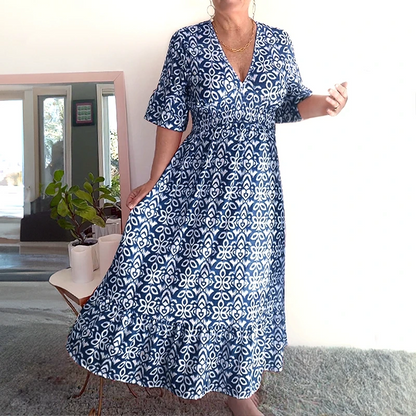 Locker geschnittenes Baumwoll-Leinen-Boho-Kleid Bequemes Mid-Ärmel V-Ausschnitt Alltags-Midi