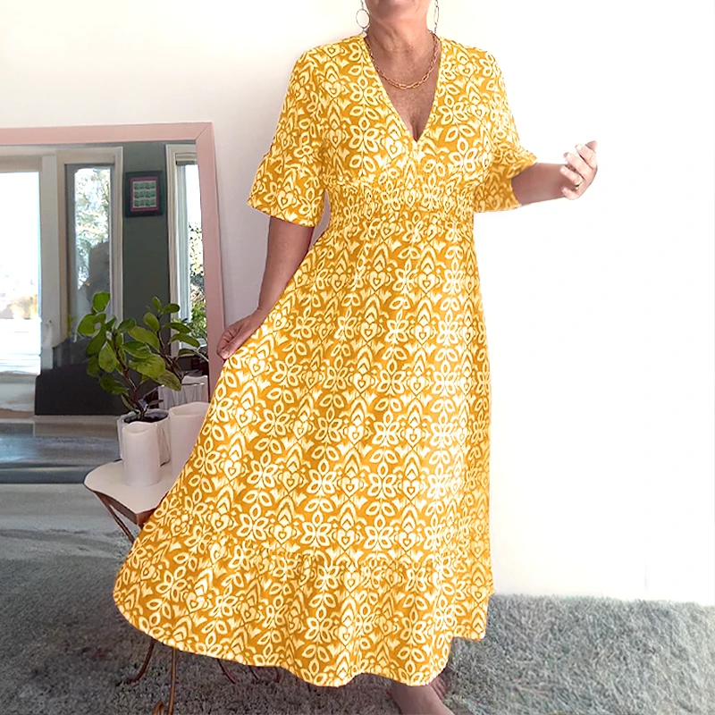 Loose Fit Cotton Linen Boho Dress Comfortable Mid Sleeve V Neck Everyday Midi - Seldom Seen Styles