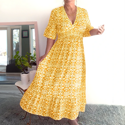 Locker geschnittenes Baumwoll-Leinen-Boho-Kleid Bequemes Mid-Ärmel V-Ausschnitt Alltags-Midi