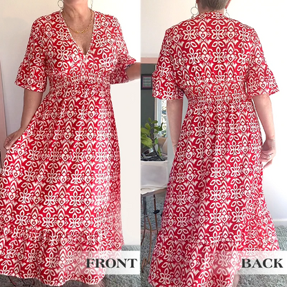 Locker geschnittenes Baumwoll-Leinen-Boho-Kleid Bequemes Mid-Ärmel V-Ausschnitt Alltags-Midi