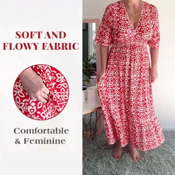 Loose Fit Cotton Linen Boho Dress Comfortable Mid Sleeve V Neck Everyday Midi - Seldom Seen Styles