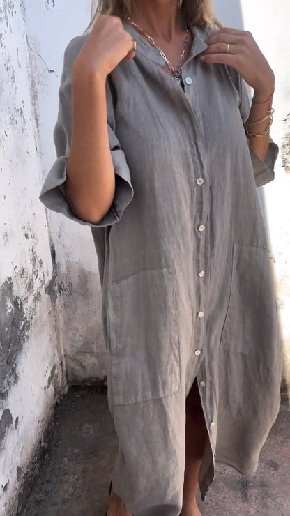 Loose Linen Shirt Maxi Dress – Casual Button Down Long Sleeve Dress for Women