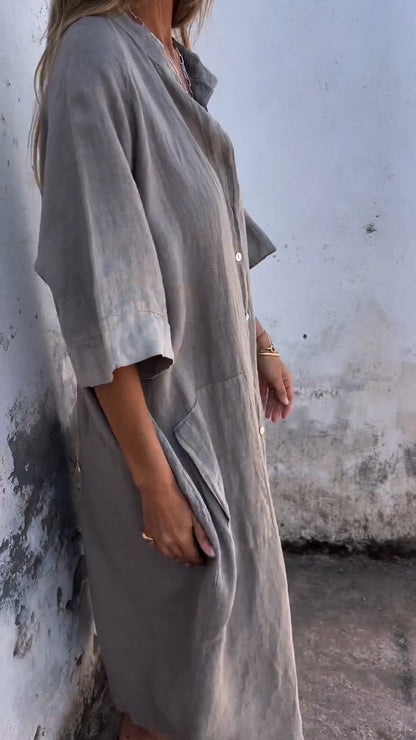 Loose Linen Shirt Maxi Dress – Casual Button Down Long Sleeve Dress for Women