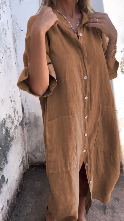 Loose Linen Shirt Maxi Dress – Casual Button Down Long Sleeve Dress for Women