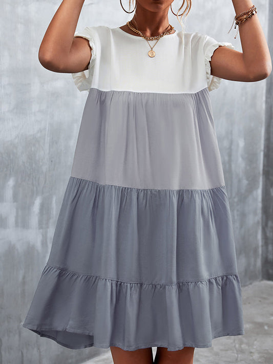 Loose Ruffle Sleeves Contrast Color Falbala Pleated Split-Joint Round-Neck Mini Dresses - Seldom Seen Styles