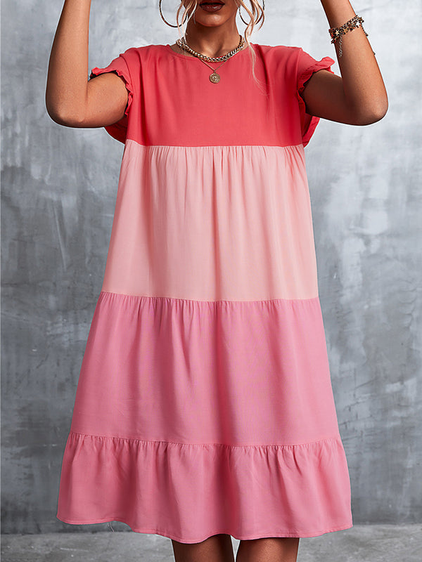 Loose Ruffle Sleeves Contrast Color Falbala Pleated Split-Joint Round-Neck Mini Dresses - Seldom Seen Styles