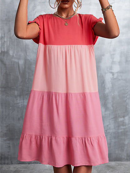 Robes mini à col rond avec manches à volants lâches, couleur contrastante, falbala et plis, coupe fendue