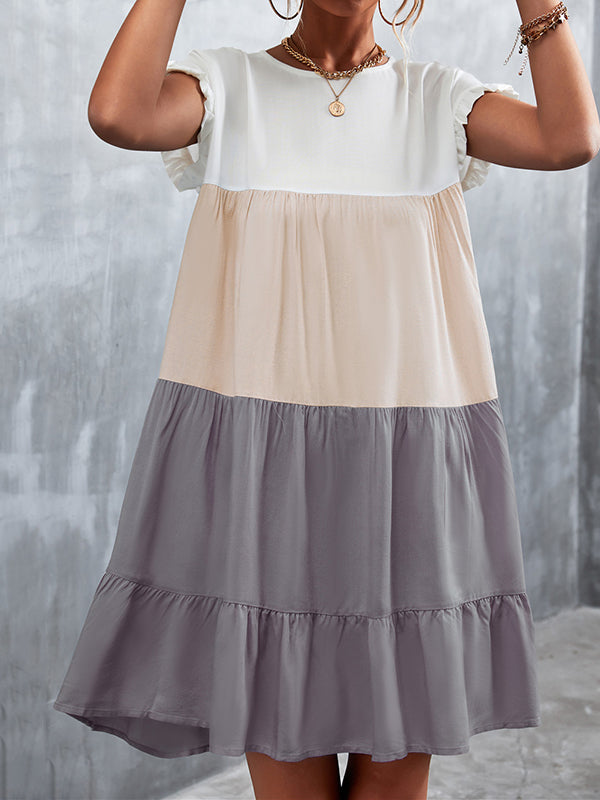 Loose Ruffle Sleeves Contrast Color Falbala Pleated Split-Joint Round-Neck Mini Dresses - Seldom Seen Styles