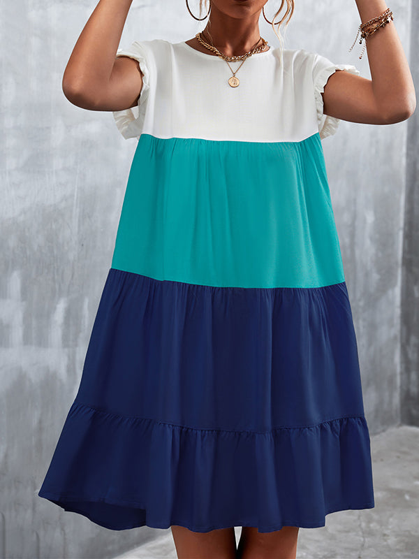 Loose Ruffle Sleeves Contrast Color Falbala Pleated Split-Joint Round-Neck Mini Dresses - Seldom Seen Styles